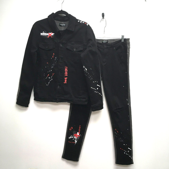 Maniere De Voir Mens Black Gray 2 Pc Set Denim Jacket M Graffiti Skinny Jeans 34 - Picture 1 of 16